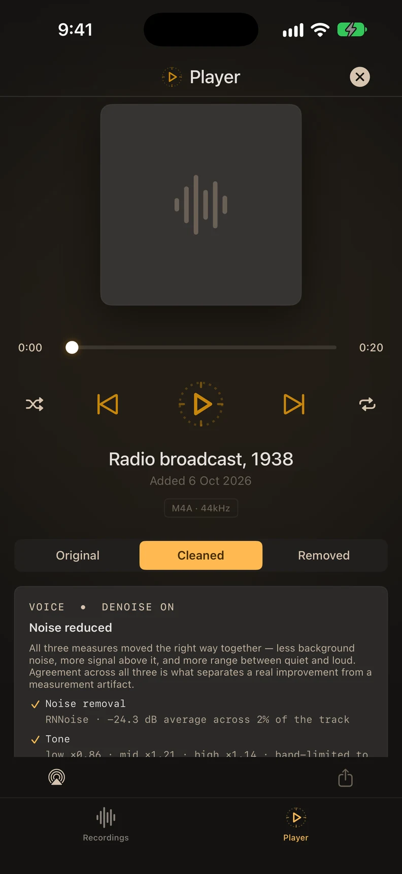ARP’s Player showing the radio recording with Cleaned selected.