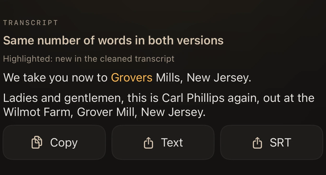 The demo’s on-device transcript in ARP, with Copy, Text and SRT export controls.